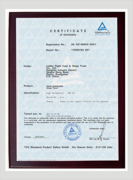 CHINA LEDIKA Flight Case &amp; Stage Truss Co., Ltd. certificaten